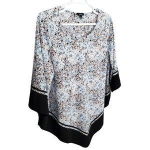 Alfani Sz 2X Blouse Tunic Pullover Silky Point Hem Splatter Pullover Blue Brown